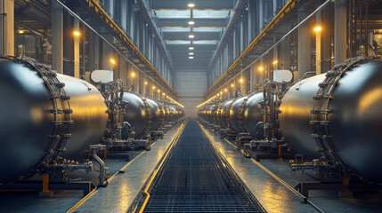 Rows of massive oxygen and hydrogen tanks at an industrial facility