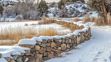 snow covered stone wall winds through winter landscape, surrounded by tall grasses and trees. serene scene captures beauty of nature in tranquil setting