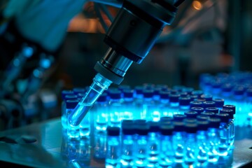 Robotic arm processing blue vials in a controlled modern factory