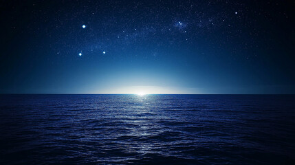 Star-filled deep blue night sky over sea tranquil background. 
