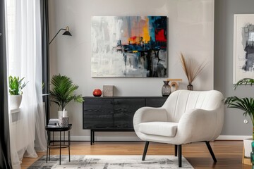 Modern living room with abstract art and white armchair