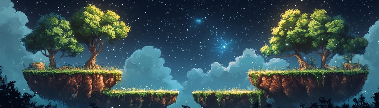 Sidescrolling game environment, grassy terrain with floating trees, nighttime setting, starry sky, fantasy adventure style