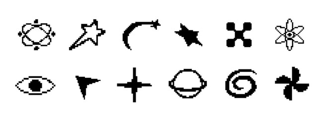 Classic 80s and Y2K inspired pixel icons in black, featuring arrows, waves, and digital particles, ideal for computer graphics and interface designs.