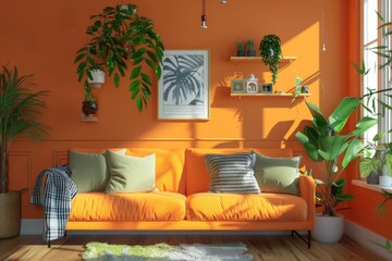 Modern colorful living room with boucle sofa mock up