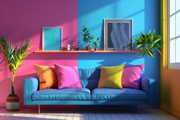 Modern colorful living room with boucle sofa mock up