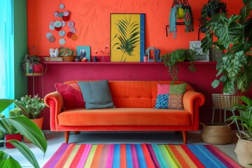 Modern colorful living room with boucle sofa mock up
