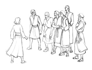 Pencil drawing. The men caught the guy and are leading him