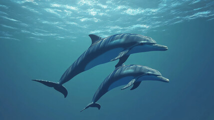 Obraz premium Smiling dolphins swimming together in clear blue water
