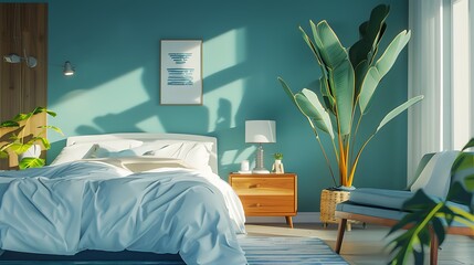 Beautiful Colored Mockup Bedroom Interior Blank Poster Decoration Art Background Image, generative AI