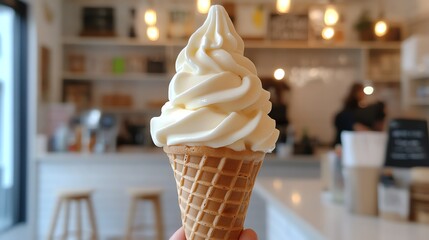 single ice cream cone with a swirl of softserve on top