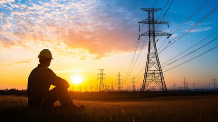 Sunset Silhouette of an Energy Worker: A lone worker, silhouetted against a vibrant sunset, contemplates the vast network of power lines.