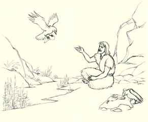 Pencil drawing. Elijah and the crows