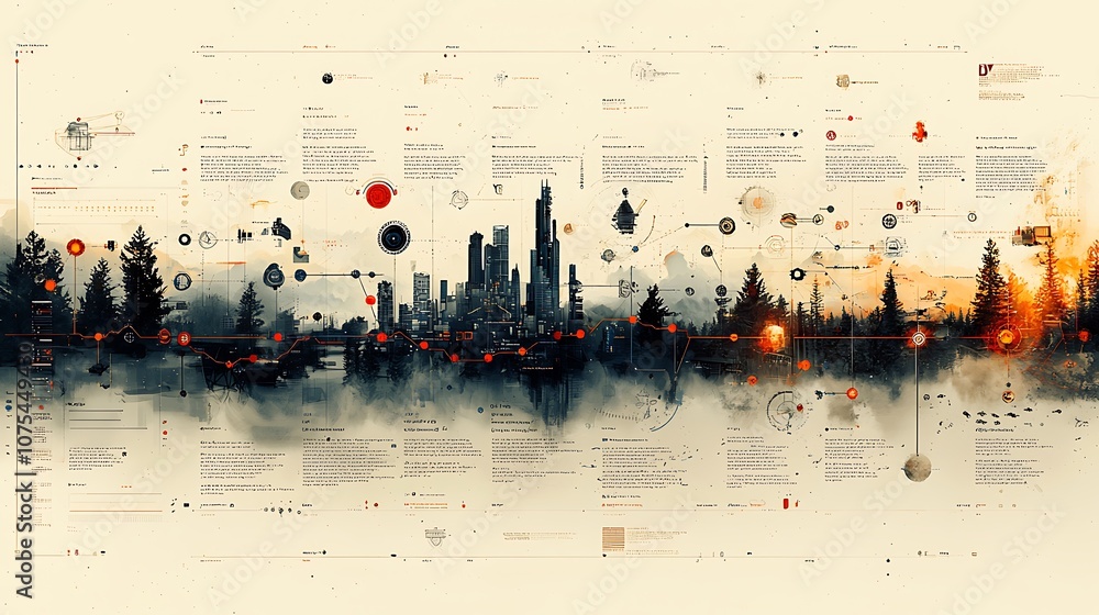 Poster abstract cityscape with forest and fire in the distance, with text and diagrams outlining a complex 