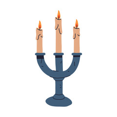 Candle holder icon with three arms. Vector isolated sticker, clip art. Decorative candelabrum with wax candles. Branched candlestick for religion ceremonies or home decor. Vintage decorative lighting.