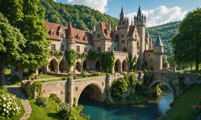 Obraz premium A stone bridge leads to a fairytale castle nestled among the rolling hills of Germany