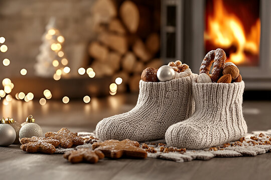 St. Nicholas Day.Boots with sweets and gifts on the floor in the room, St. Nicholas Day greeting card,Christmas Eve,sinterklaas