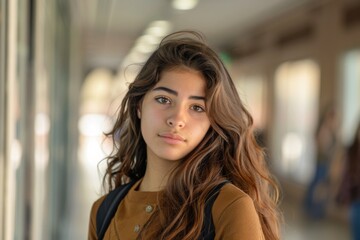 Obraz premium Confident Hispanic female high school student standing in hallway