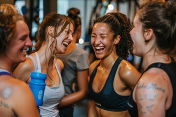 Fototapeta premium Candid group of women laughing after gym workout