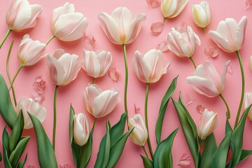 Obraz premium Pink Tulips on a Soft Pink Background Flat Lay