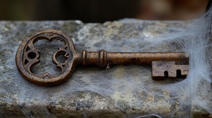 A Rusty Key Resting on a Stone Surface Covered in Cobwebs