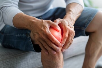 Middle aged man holding his knee with red highlighting