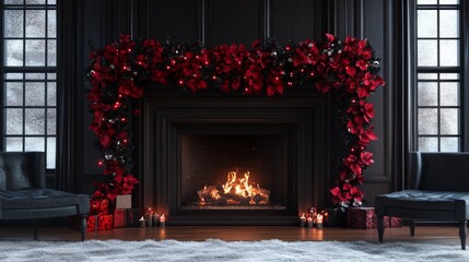 Cozy Fireplace with Red Christmas Garland and Burning Fire