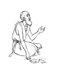 Pencil drawing. A beggar asks for alms