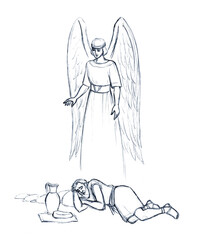 An angel appeared to the prophet Elijah. Pencil drawing