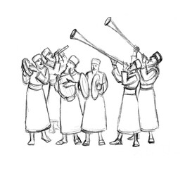 An ancient orchestra is playing. Pencil drawing