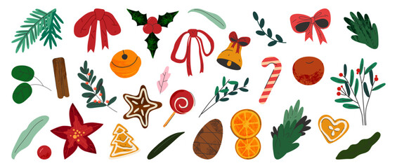 Obraz premium Decorative stickers for home decor on Christmas holidays. Vector icons or clip art set. Coniferous branches, cones, twigs with berries, sweets and dried fruits, bows. Elements for New year needlework.