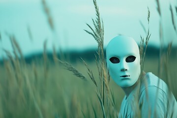 a man with a blue mask in a field
