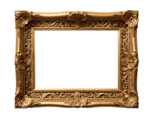 Blank antique ornate gold picture frame isolated on white transparent background for mockup purposes