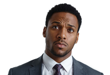 Black businessman with confused expression isolated on white background