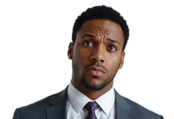 Black businessman with confused expression isolated on white background