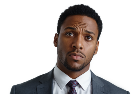 Black businessman with confused expression isolated on white background