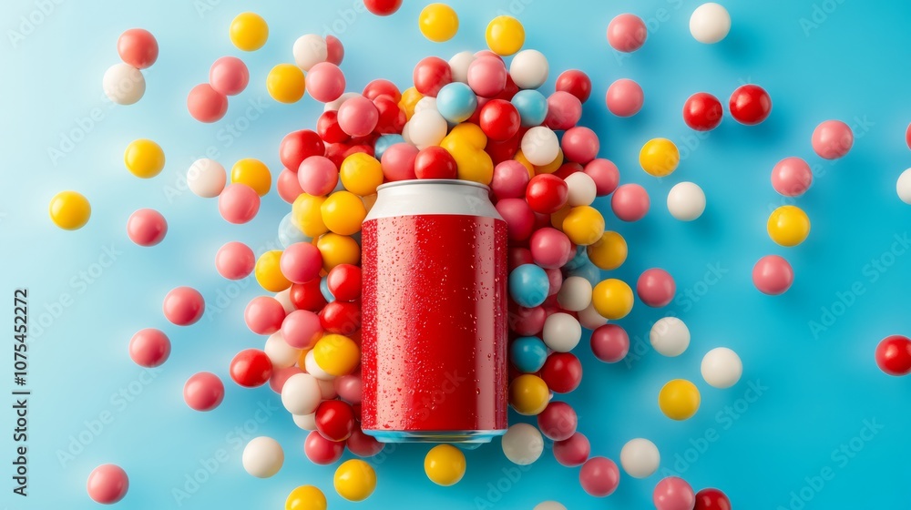 Poster can of soda is surrounded by a pile of colorful gummy bears. the image conveys a playful and fun atm
