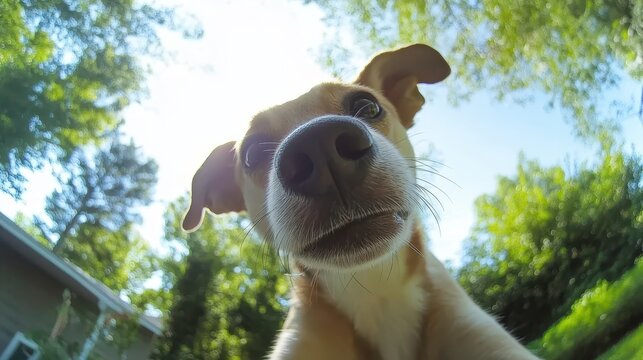 a dog looking up at the camera with its head tilted