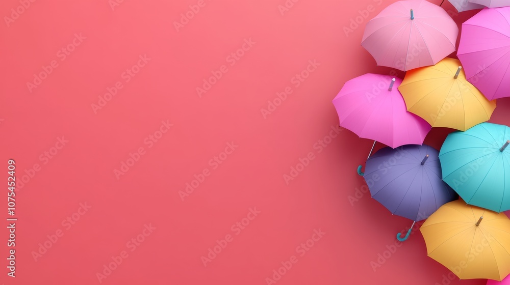 Poster colorful array of umbrellas on a red background. the umbrellas are of different colors and sizes, cr
