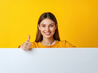 Fototapeta premium Cheerful Young Woman Peeking Over a Blank Surface