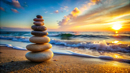 Fototapeta premium Pebble Pyramid Balanced on Beach with Ocean View – A Stunning Display of Zen, Harmony, and Meditation, Creating a Spa-Like Tranquility and Balance Concept with Soft Blur in the Background