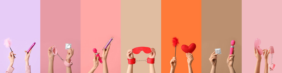 Set of hands with different sex toys on color background