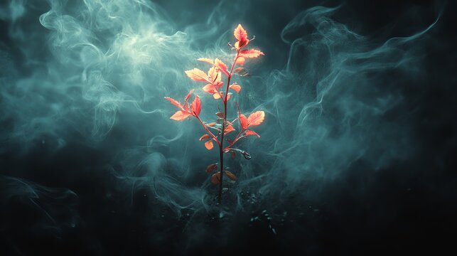 Tiny plant with glowing leaves black background soft mist ethereal