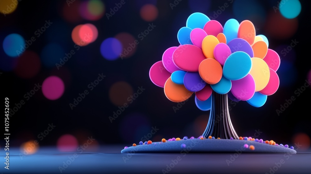 Poster colorful tree made of balloons is displayed on a black background. the tree is made up of many diffe
