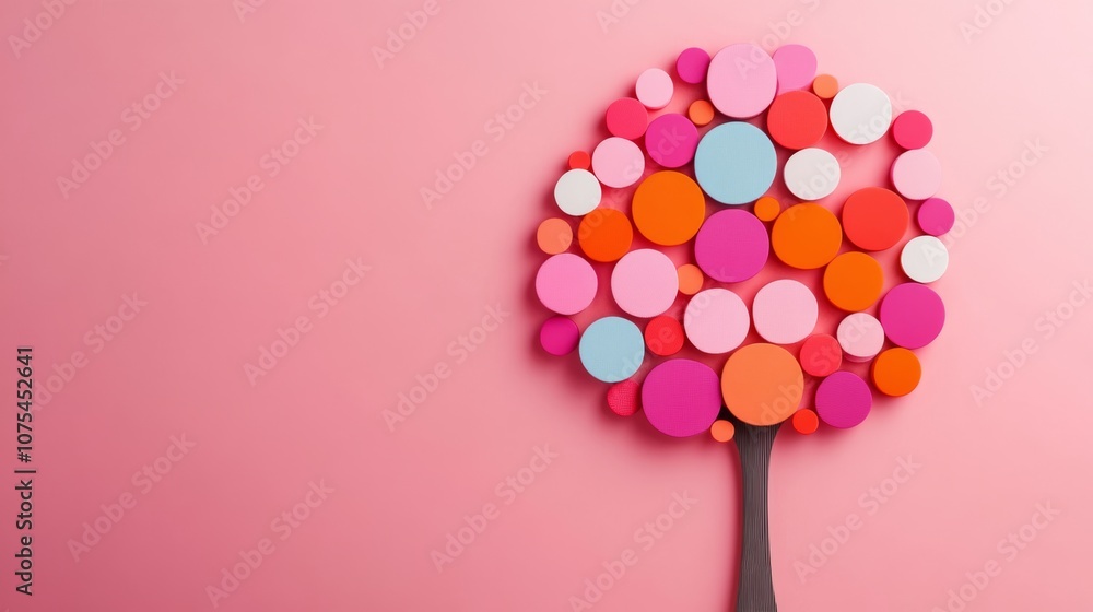 Aufkleber tree made of colorful circles is on a pink background. the tree is made of different colored circles