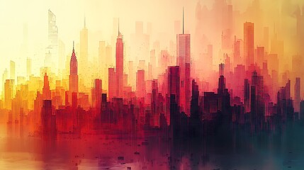 Fototapeta premium An abstract cityscape with a warm, colorful sunset sky, depicting a bustling urban environment.