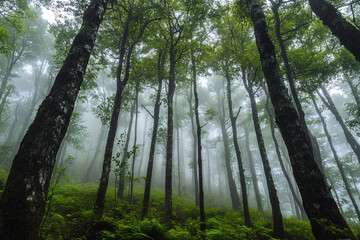 forest in the fog with green trees