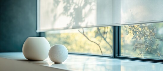 Close up of a window featuring a white roller blind showcasing modern interior design elements