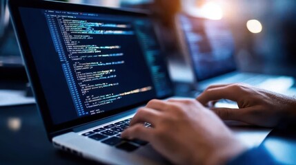 a person typing on a laptop computer with code on the screen