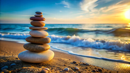 Fototapeta premium Pebble Pyramid Balanced on Beach with Ocean View – A Stunning Display of Zen, Harmony, and Meditation, Creating a Spa-Like Tranquility and Balance Concept with Soft Blur in the Background