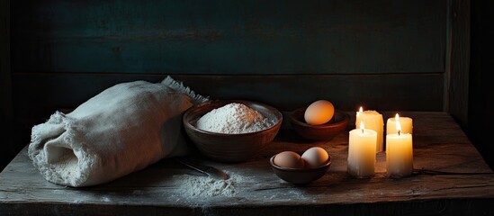 Candlelit composition of eggs flour bag and bowls on rustic wooden table perfect for baking inspiration